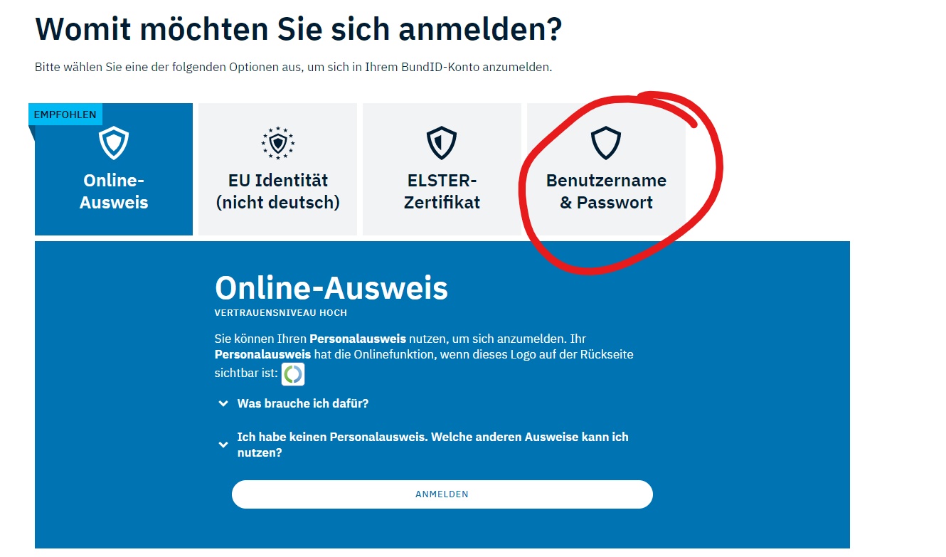 Das Portal der BundID, die du für die Einmalzahlung brauchst, hat vier Reiter. Automatisch ausgewählt ist die Option "Online-Ausweis", aber ganz rechts befindet sich der Reiter "Benutzername & Passwort".